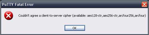 Couldn’t agree a client-to-server cipher (available: ase128-Ctr, aes256-Ctr, arcfour256, arcfour)