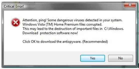 Attention, ping! Some dangerous viruses detected in your system. Windows Vista (TM) Home Premium files corrupted.