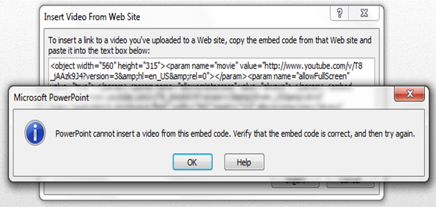 PowerPoint cannot insert a video from this embed