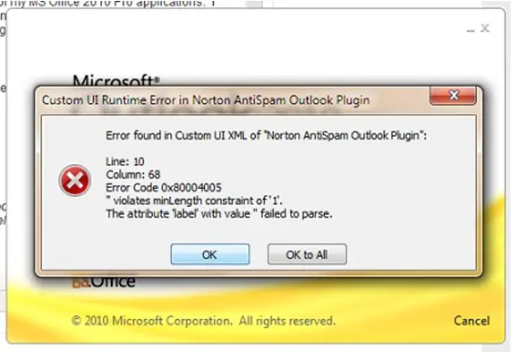 Error found in Custom UI XML of Noton AntiSpam Outlook Plugin