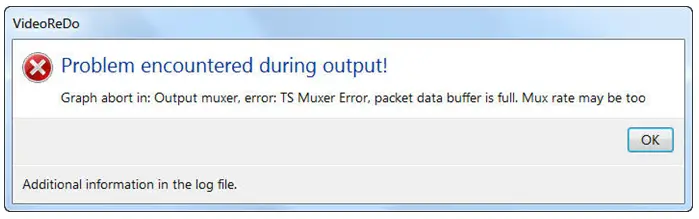 Graph abort in: Output muxer, error: TS Muxer Error, packet data buffer is full