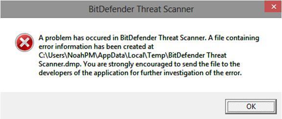 problem has occurred in the BitDefender Threat Scanner file containing error information