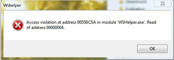 Access violation at address 00550CSA in module ‘WSHelper.exe’