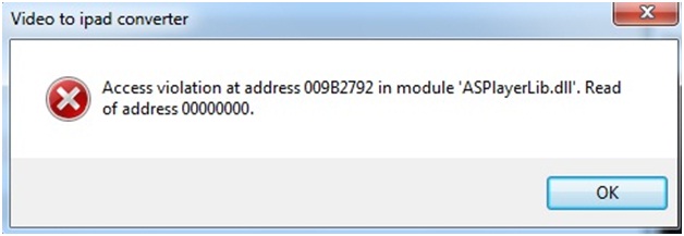 Access violation at address 009B2792 in module ‘ASPlayerlib.dll’. read of address 00000000