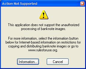 Action Not Supported This application does not support the unauthorized processing of banknote images.