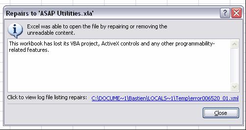 Repairs to 'ASAP Utilities.xla