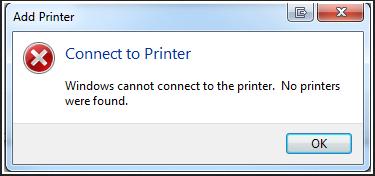 Window cannot connect to the printer. No printers were found.