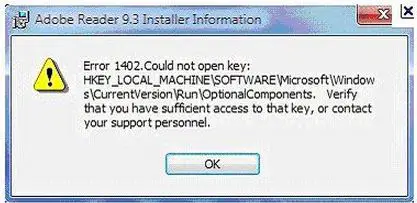 Error 1402. Could not open key