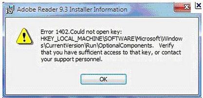 Error 1402. Could not open key