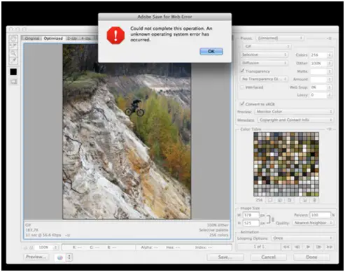 Adobe Save for Web Error Could not complete this operation, an unknown operating system error has occurred. 