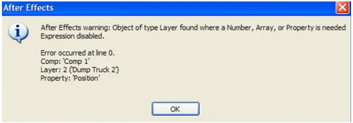 After Effects warning: Object of type layer where a number, array, or property is needed expression disabled.