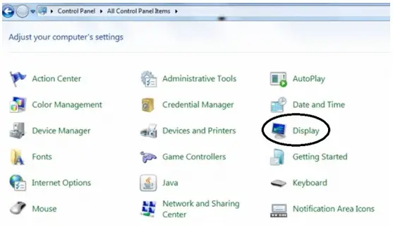 Open "Control Panel" and Choose "Display"