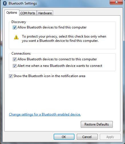 Bluetooth Settings Options COM ports Hardware