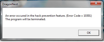 An error has occurred with the hack prevention program. (Error Code = 10301) The game will now terminate