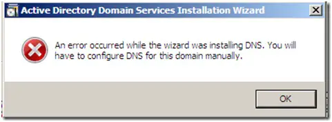 An error occurred while the wizard was installing DNS. You will have to configure DNS for this domain manually