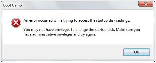 An error occurred while trying to access the startup disk settings