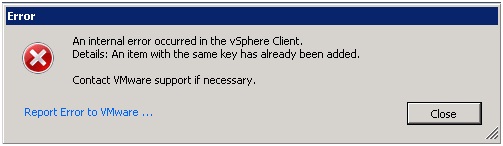 An internal error occurred in vSphere Client Details