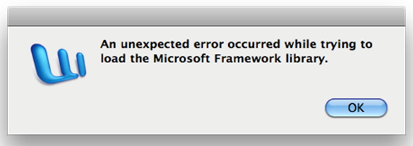 An unexpected error occurred while trying to load the Microsoft Framework library.