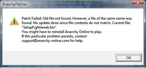 Patch Failed: Old file not found. However, a File of the same name was found. No update done since file contents do not match. Current file: “Setupgfxtweak.bin”