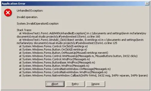 Application Error Unhandled Exception: Invalid operation.