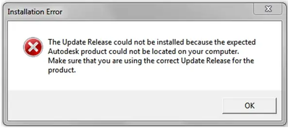 Update Release could not be installed because the expected Autodesk product could not be located