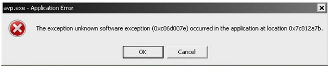 The exception unknown software exception (0xc06d007e) occurred in the application at location 0x7c812a7b