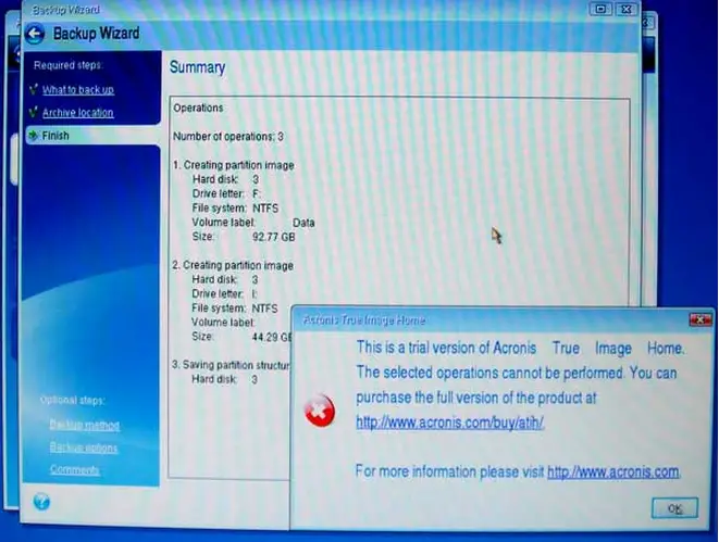 This is a trial version of Acronis True Image Home. The selected operations cannot be performed.