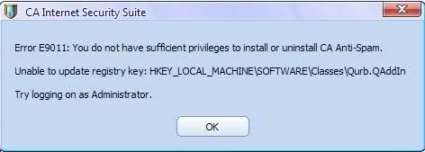 Error E9011: You do not have sufficient privileges to install or uninstall CA Anti_Spam.