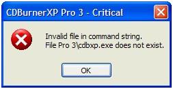 Invalid file in command string. File Pro 3cdbxp.exe does not exist.