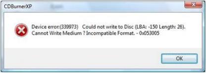 Device error (339973) Could not write to Disc (LBA: -150 Length: 26).
