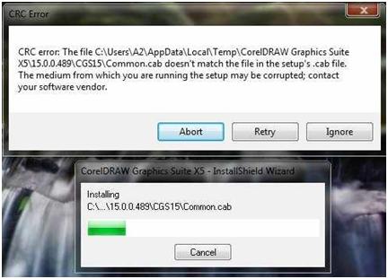 CRC error: The file C:UsersA2AppDataLocalTempCorelDraw Graphics Suite X515.0.0.489CGS15Common.cab doesn’t match the file in the setup’s .cab file. The medium from which you are running the setup may be corrupted; contact your software vendor.