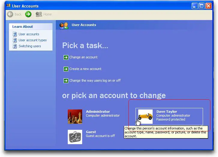 USer Accounts in Windows XP
