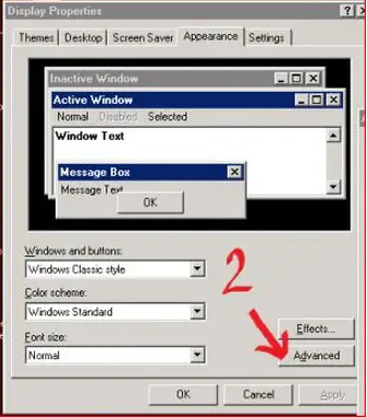 Select Appearance Tab in the Display Properties dialog box-Click the Advance button, the second button in the Appearance Tab