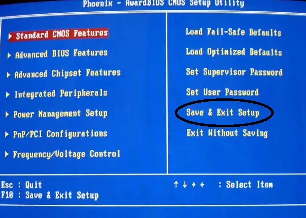 Save and Exit Bios Setup