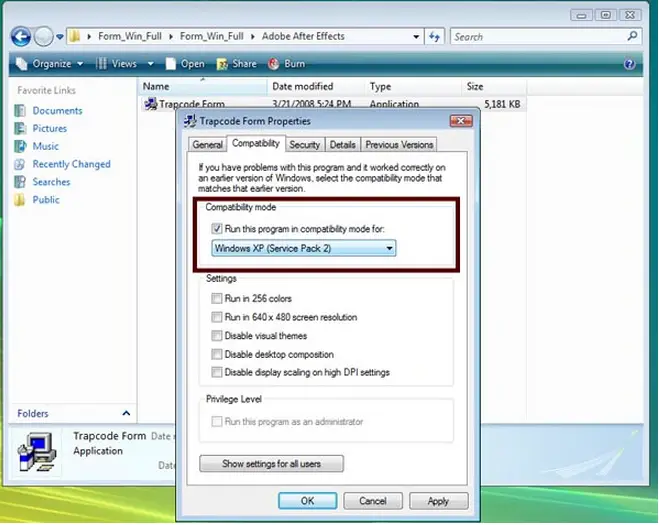 Run this program in compatibility for:" and Choose Windows XP (Service Pack 2) 