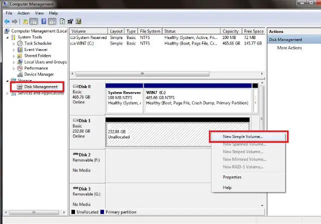 Choose the new installed hard disk and right click to it and click the new volume 