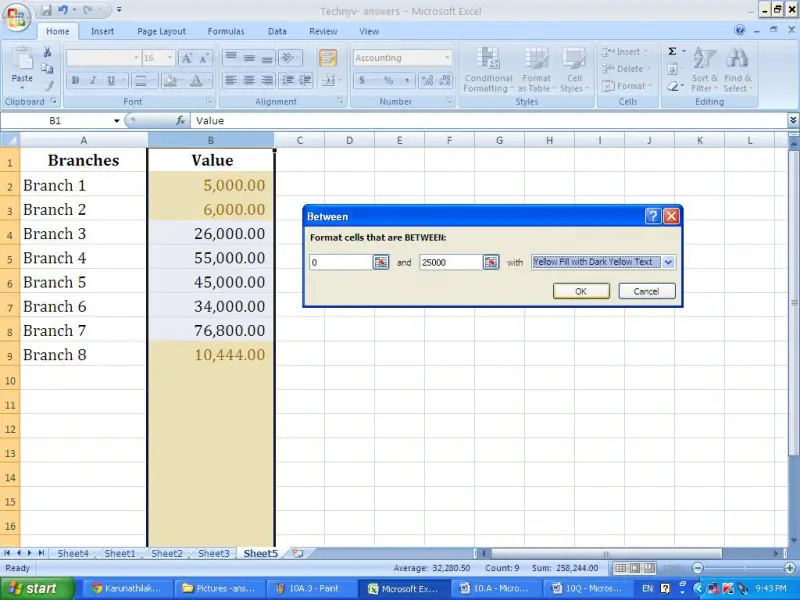 Format the cells Between