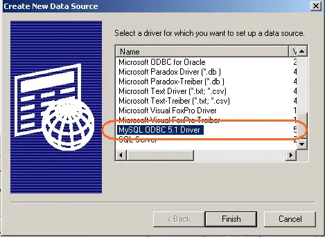 Add button & select mysql OBDC driver 5.1