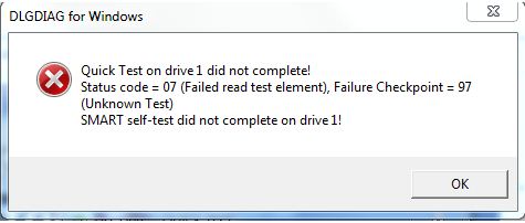 DLGDIAG for windows Quick Test on drive 1 did not complete-Status code = 07 (Failed read test element), Failure Checkpoint = 97