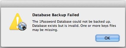 The 1Password Database could not be backed up. Database exists but is invalid. One or more keys files may be missing.