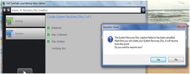 Operation failed while installing Dell DataSafe Local Backup