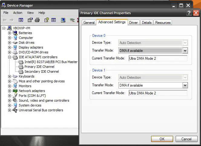 Device Manager-Primary IDE channel-Properties-Advanced Settings tab-Transfer Mode-"DMA if available"