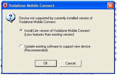 Device not supported by currently installed version of Vodafone Mobile Connect
