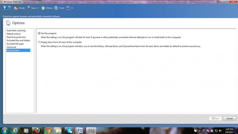 Windows Defender administrator Options