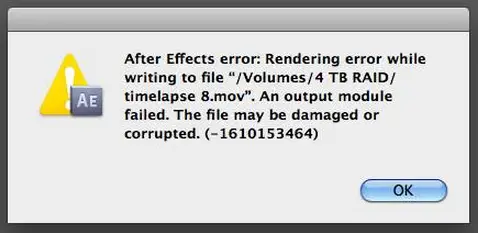 After Effects error: Rendering error while writing to file “/Volumes/4 TB RAID/ timelapse 8.mov”. An output module failed. The file may be damaged or corrupted. (-1610153464)