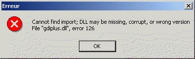 Cannot find import; DLL may be missing, corrupt, or wrong version File"gdiplus.dll", error 126
