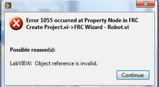 Error 1055 occurred at Property Node in FRC Create Project.vi->FRC Wizarf – Robot.vi