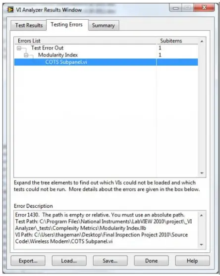 Expand the tree elements to find out which Vis could not be loaded and which tests could not be run