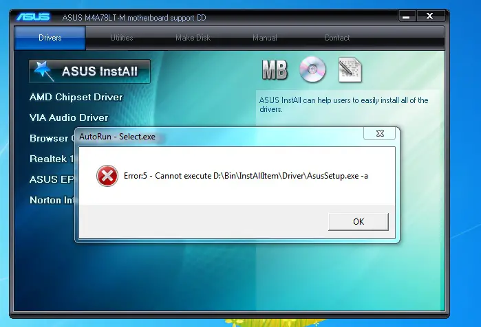 Error 5 Cannot execute AsusSetup.exe 