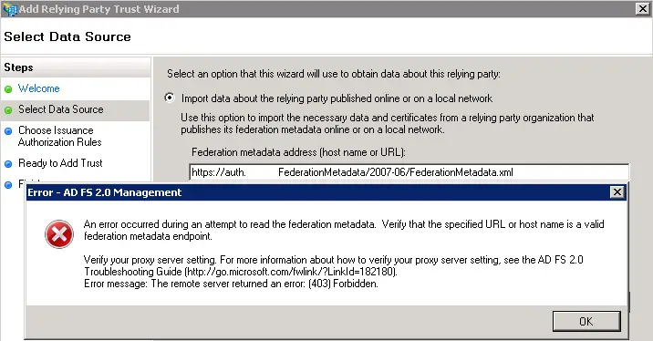 Error – ADFS 2.0 Management